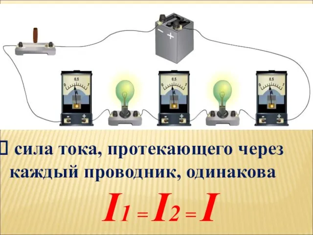 I1 = I2 = I сила тока, протекающего через каждый проводник, одинакова