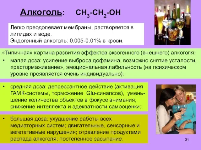 Алкоголь: СН3-СН2-ОН Легко преодолевает мембраны, растворяется в липидах и воде. Эндогенный