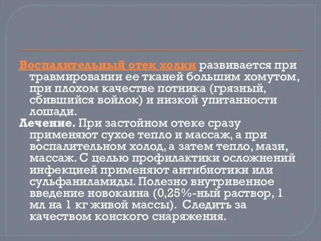 Воспалительный отек холки развивается при травмировании ее тканей большим хомутом, при