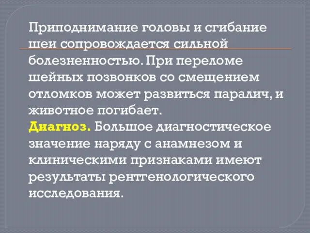 Приподнимание головы и сгибание шеи сопровождается сильной болезненностью. При переломе шейных