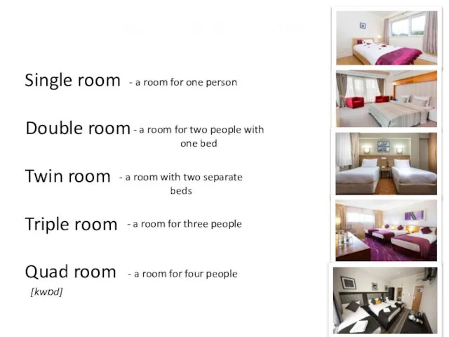 Types of the rooms Single room Double room Twin room Triple