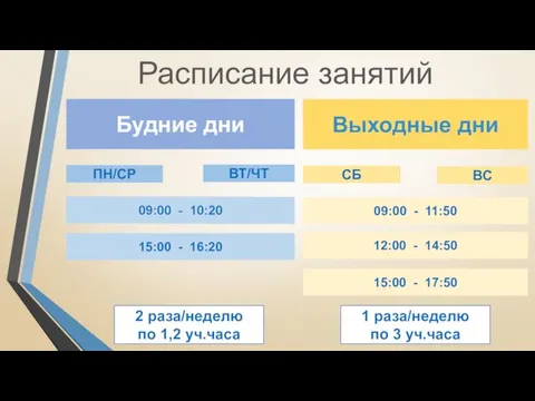 Расписание занятий Будние дни ПН/СР ВТ/ЧТ СБ ВС Выходные дни 15:00