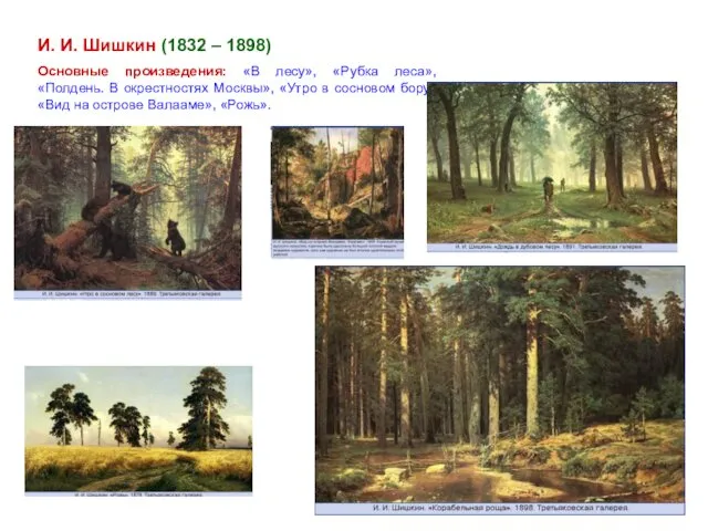И. И. Шишкин (1832 – 1898) Основные произведения: «В лесу», «Рубка