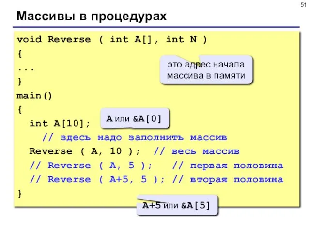 Массивы в процедурах void Reverse ( int A[], int N )
