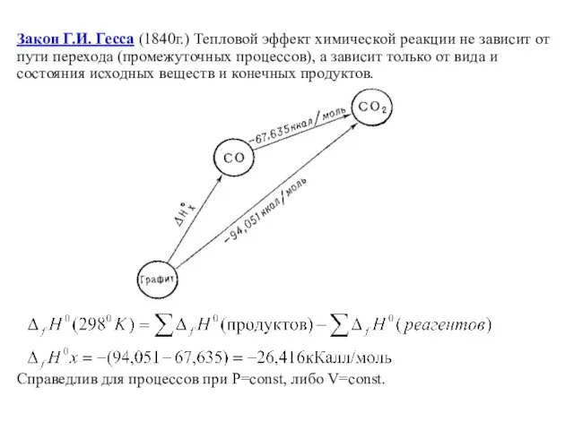 Закон Г.И. Гесса (1840г.) Тепловой эффект химической реакции не зависит от