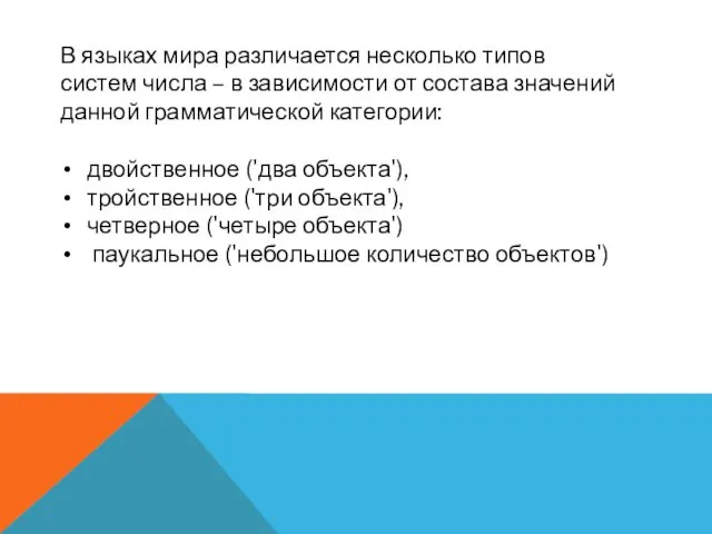 В языках мира различается несколько типов систем числа – в зависимости