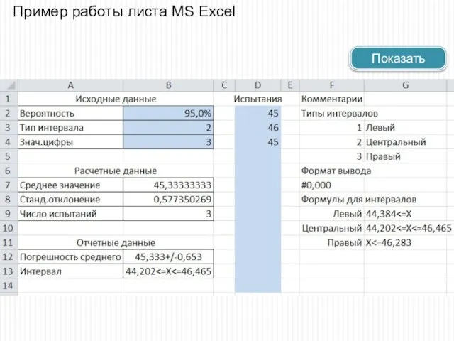 Пример работы листа MS Excel Показать