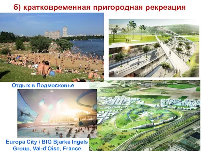 б) кратковременная пригородная рекреация Отдых в Подмосковье Europa City / BIG Bjarke Ingels Group, Val-d’Oise, France