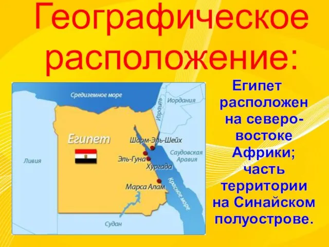 Географическое расположение: Египет расположен на северо-востоке Африки; часть территории на Синайском полуострове.