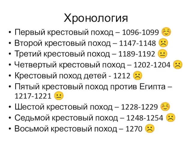 Хронология Первый крестовый поход – 1096-1099 ☺ Второй крестовый поход –