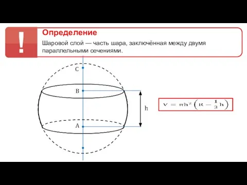 A B C Определение Шаровой слой — часть шара, заключённая между двумя параллельными сечениями.