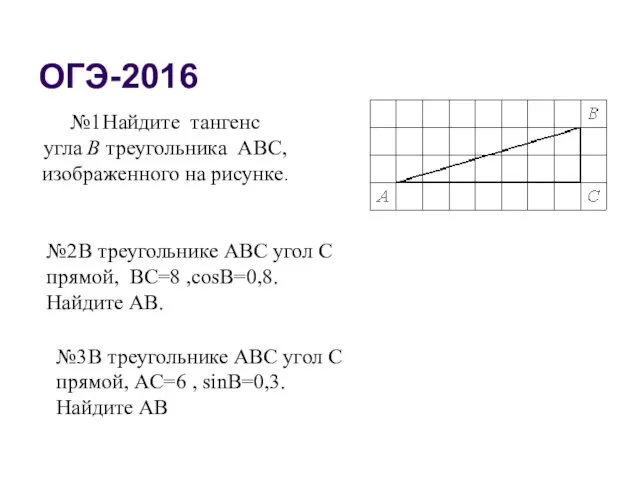 ОГЭ-2016 №1 Найдите тангенс угла В треугольника АВС, изображенного на рисунке.