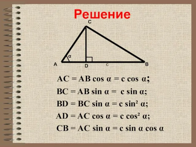 Решение AC = AB cos α = c cos α; BC