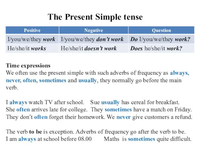 The Present Simple tense Time expressions We often use the present