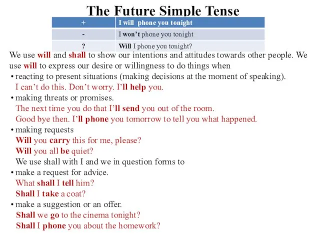 The Future Simple Tense We use will and shall to show