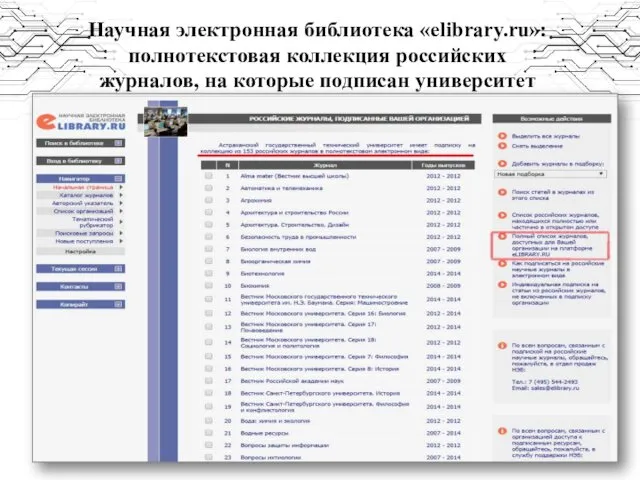 Научная электронная библиотека «elibrary.ru»: полнотекстовая коллекция российских журналов, на которые подписан университет