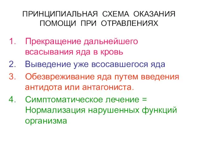 ПРИНЦИПИАЛЬНАЯ СХЕМА ОКАЗАНИЯ ПОМОЩИ ПРИ ОТРАВЛЕНИЯХ Прекращение дальнейшего всасывания яда в