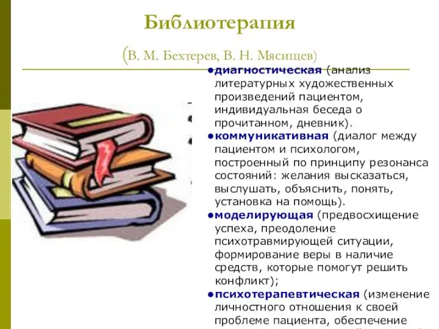 Библиотерапия (В. М. Бехтерев, В. Н. Мясищев) диагностическая (анализ литературных художественных