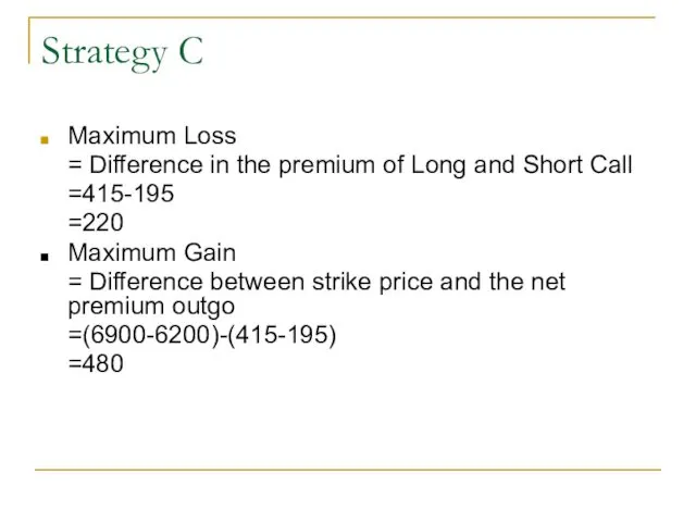 Strategy C Maximum Loss = Difference in the premium of Long