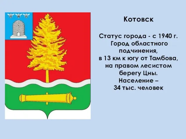 Котовск Статус города - с 1940 г. Город областного подчинения, в