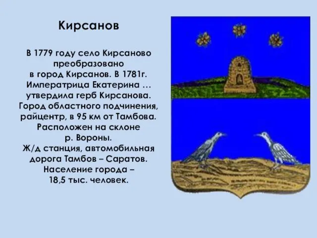 Кирсанов В 1779 году село Кирсаново преобразовано в город Кирсанов. В