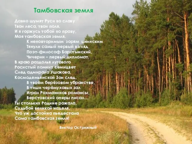 Тамбовская земля Давно шумят Руси во славу Твои леса, твои поля.