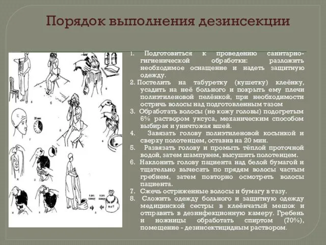 Порядок выполнения дезинсекции 1. Подготовиться к проведению санитарно-гигиенической обработки: разложить необходимое