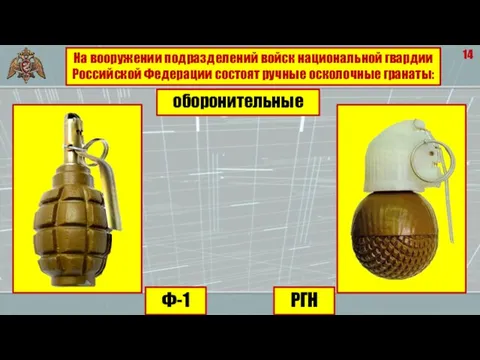 14 На вооружении подразделений войск национальной гвардии Российской Федерации состоят ручные осколочные гранаты: оборонительные Ф-1 РГН