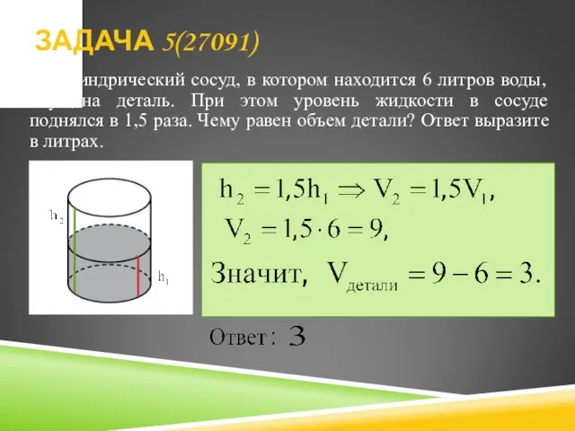 В цилиндрический сосуд, в котором находится 6 литров воды, опущена деталь.
