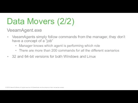 Data Movers (2/2) VeeamAgent.exe VeeamAgents simply follow commands from the manager,