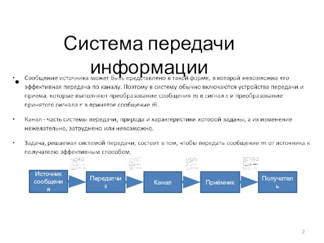 Система передачи информации Источник сообщения Передатчик Канал Приёмник Получатель