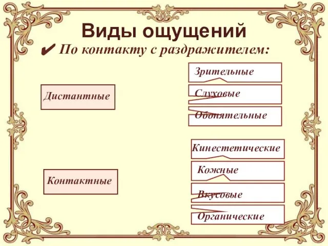 Виды ощущений По контакту с раздражителем: Дистантные Контактные Зрительные Слуховые Обонятельные Кинестетические Кожные Вкусовые Органические