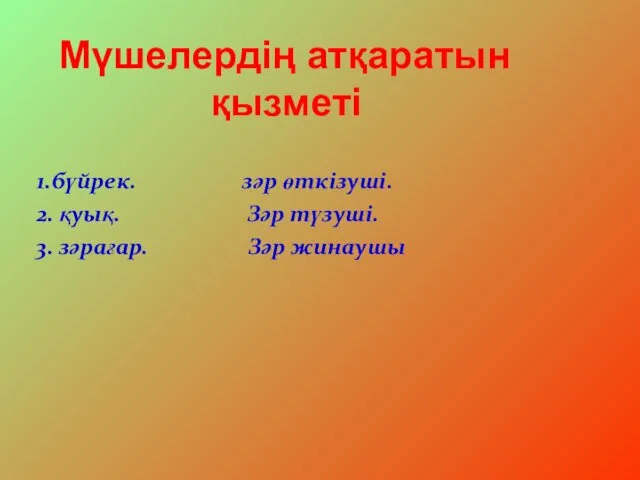 1.бүйрек. зәр өткізуші. 2. қуық. Зәр түзуші. 3. зәрағар. Зәр жинаушы Мүшелердің атқаратын қызметі