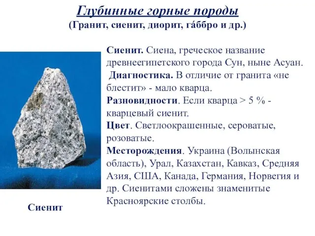 Глубинные горные породы (Гранит, сиенит, диорит, гáббро и др.) Сиенит Сиенит.