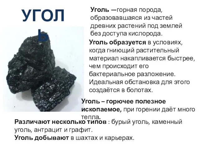 УГОЛЬ Уголь —горная порода, образовавшаяся из частей древних растений под землей