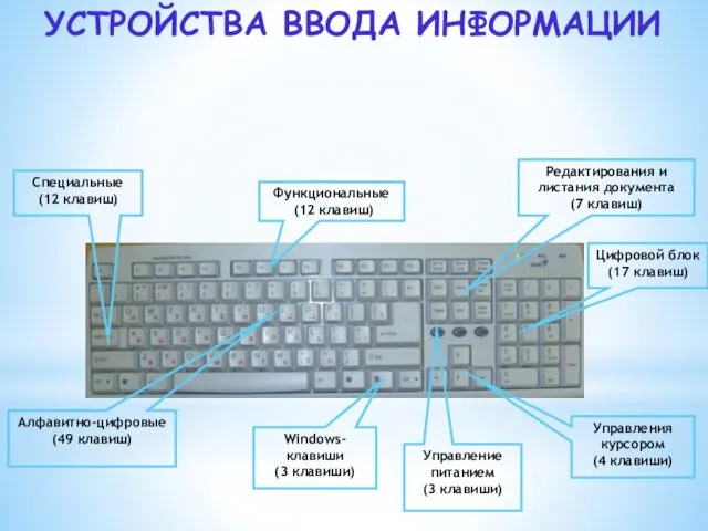 Функциональные (12 клавиш) Windows-клавиши (3 клавиши) Управления курсором (4 клавиши) Алфавитно-цифровые