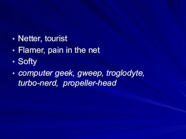 Netter, tourist Flamer, pain in the net Softy computer geek, gweep, troglodyte, turbo-nerd, propeller-head