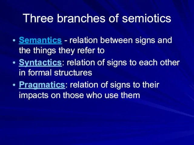 Three branches of semiotics Semantics - relation between signs and the