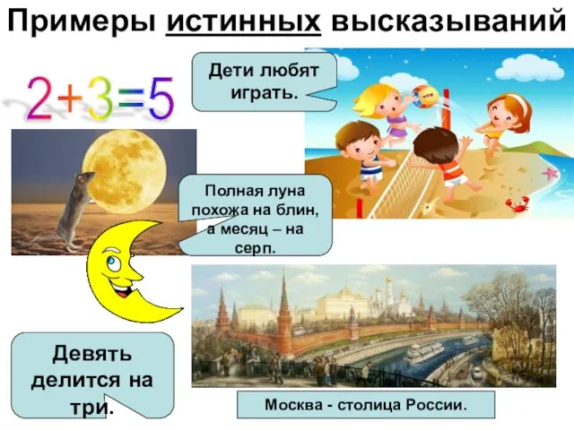 Примеры истинных высказываний 2+3=5 Москва - столица России. Полная луна похожа