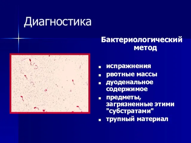 Диагностика Бактериологический метод испражнения рвотные массы дуоденальное содержимое предметы, загрязненные этими "субстратами" трупный материал