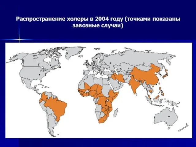 Распространение холеры в 2004 году (точками показаны завозные случаи)