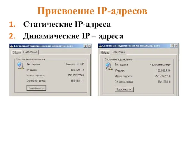 Присвоение IP-адресов Статические IP-адреса Динамические IP – адреса