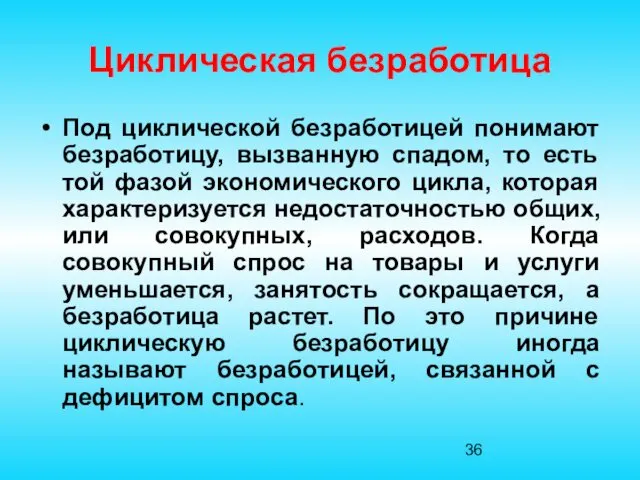 Циклическая безработица Под циклической безработицей понимают безработицу, вызванную спадом, то есть