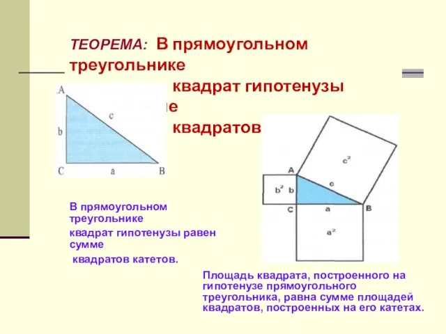ТЕОРЕМА: В прямоугольном треугольнике квадрат гипотенузы равен сумме квадратов катетов. В