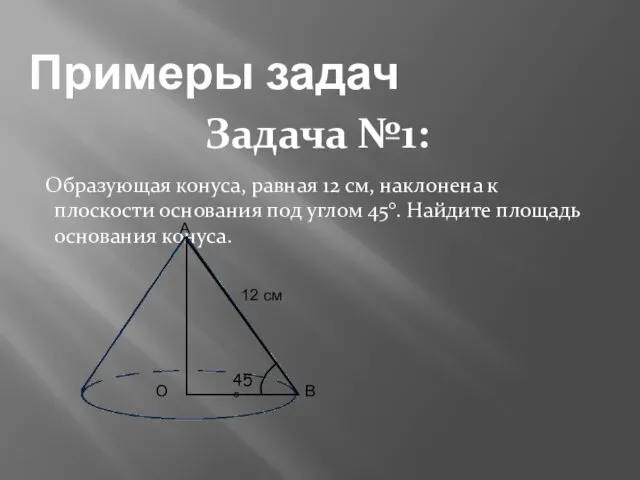 Примеры задач Задача №1: Образующая конуса, равная 12 см, наклонена к