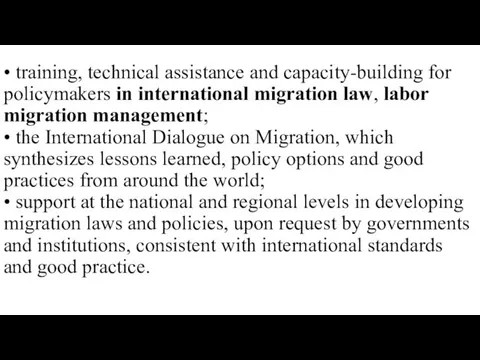 • training, technical assistance and capacity-building for policymakers in international migration