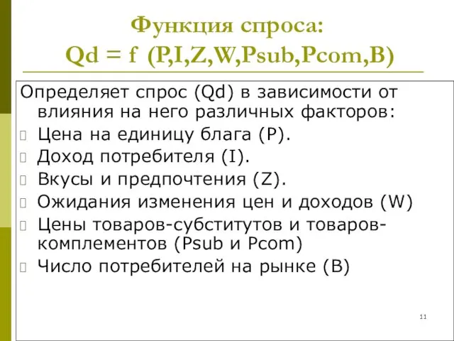 Функция спроса: Qd = f (P,I,Z,W,Psub,Pcom,B) Определяет спрос (Qd) в зависимости