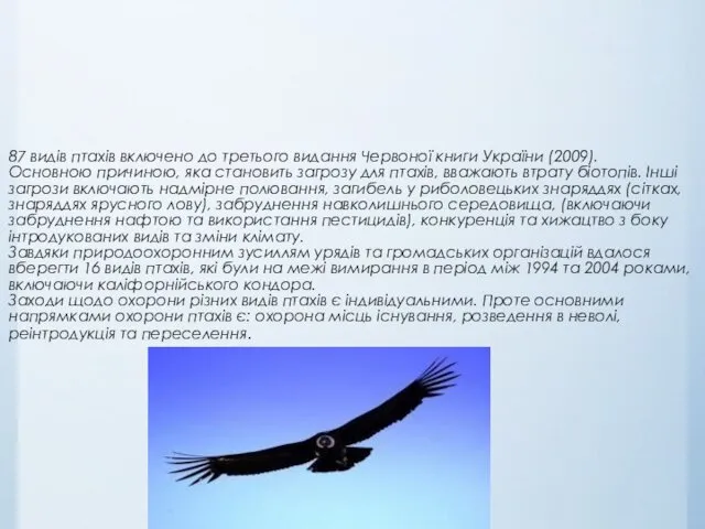 87 видів птахів включено до третього видання Червоної книги України (2009).
