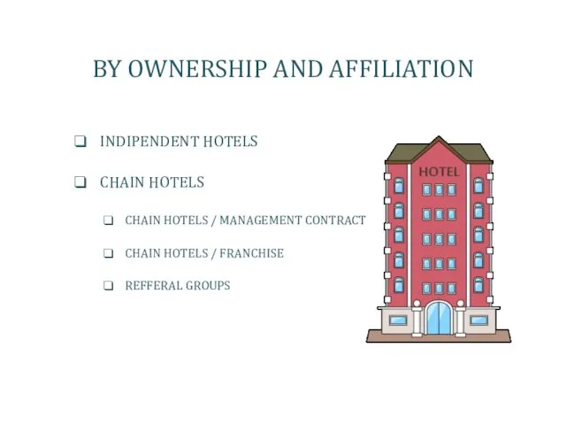 BY OWNERSHIP AND AFFILIATION INDIPENDENT HOTELS CHAIN HOTELS CHAIN HOTELS /