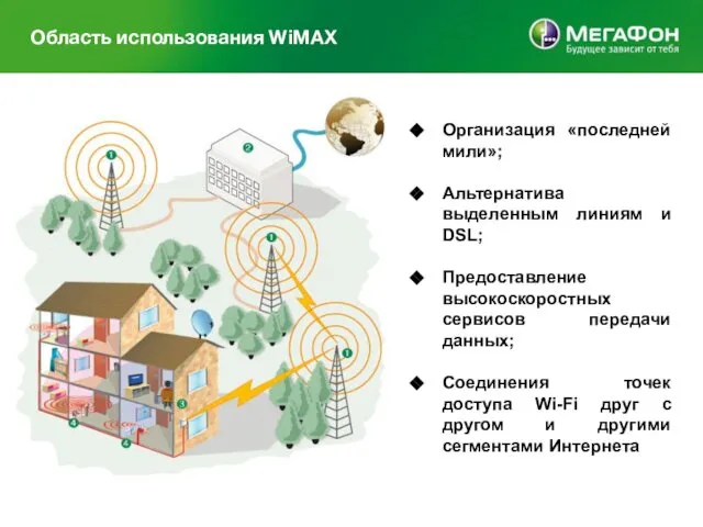 Область использования WiMAX Организация «последней мили»; Альтернатива выделенным линиям и DSL;